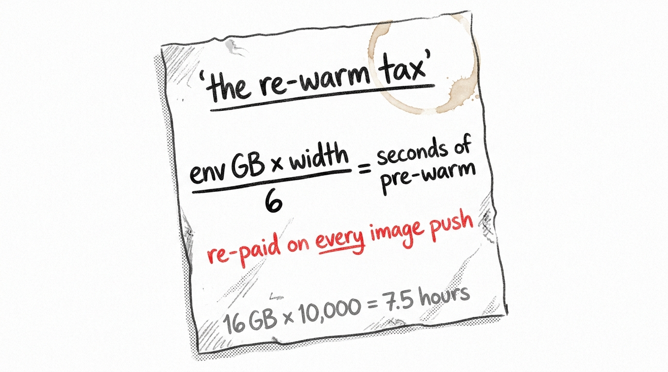 Napkin card: env GB times rollout width divided by 6 equals seconds of pre-warm, re-paid on every image push.